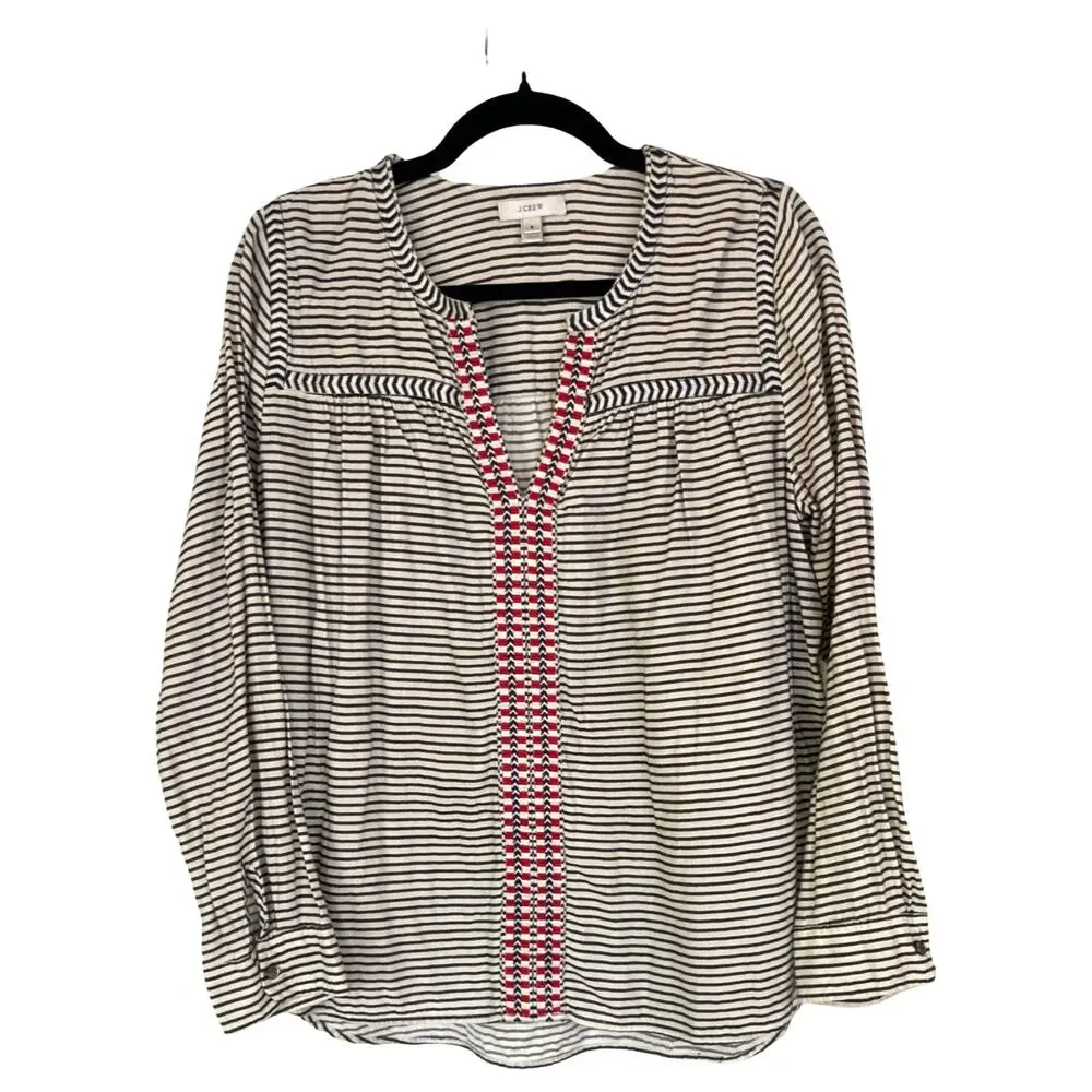 J Crew Striped Embroidered Tunic Top Size 8 Navy White Red Boho Peasant